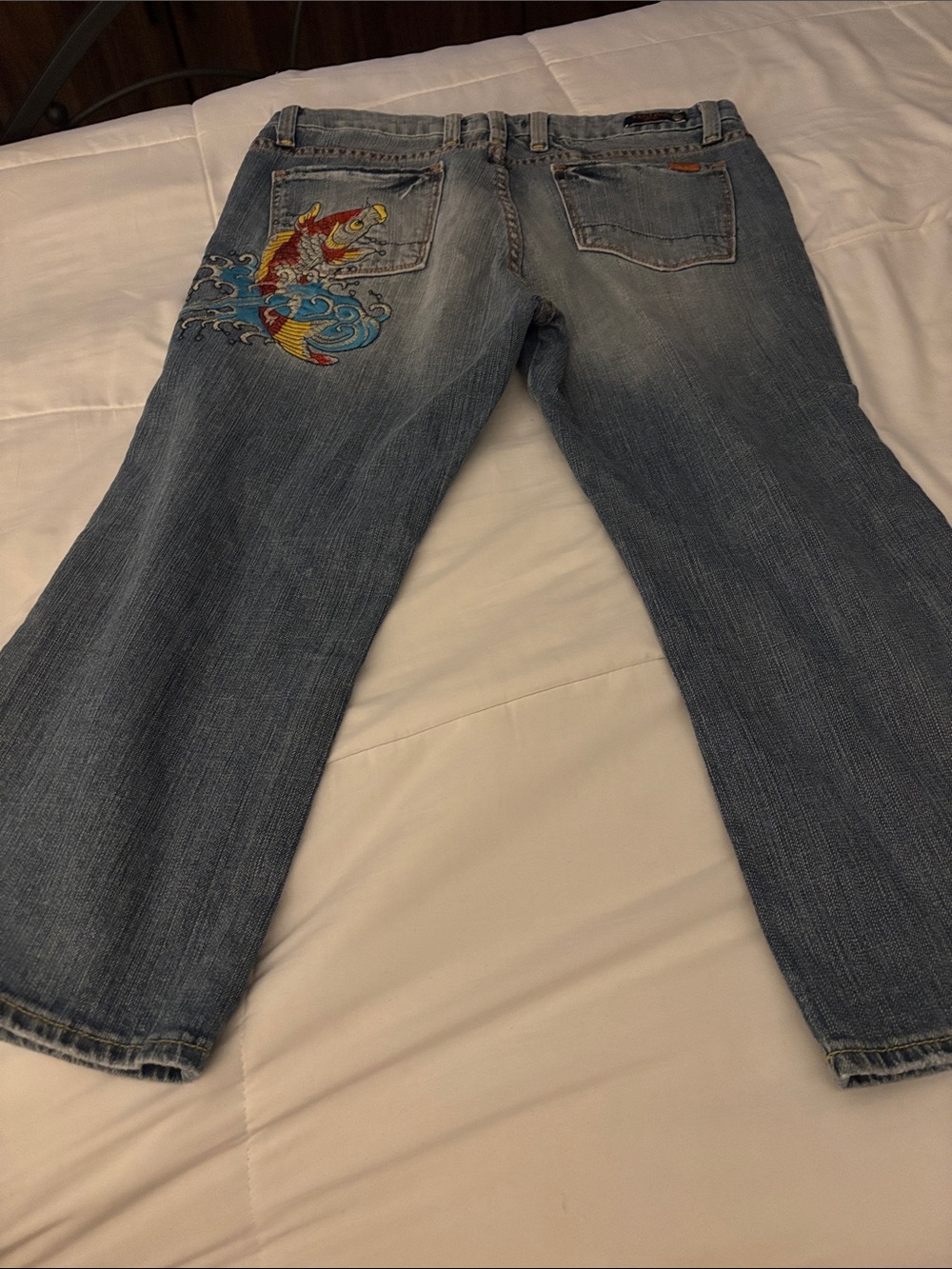 Vertigo Paris Light Blue Capris with Colorful Koi Embroidery